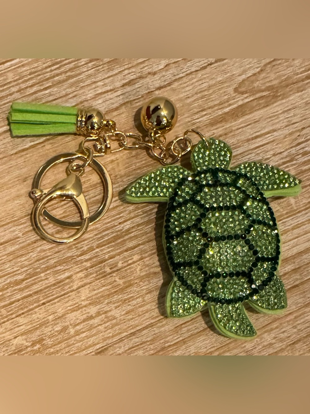 Green Turtle Rhinestone Gold-Tone Keychain Bag Charm